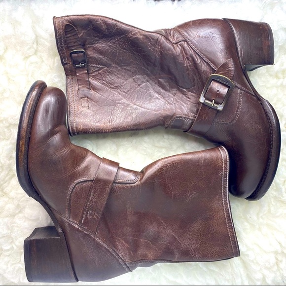 Frye Shoes - FRYE Vera Short Engineer Motocycle Harness Leather Brown Belted Boots  Size 7B